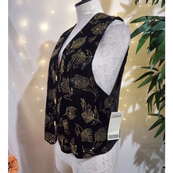 Dressbarn Vtg Velvet Glitter Sparkle Gold Button Waistcoat Vest Womens Sz L NWT - Picture 2 of 9